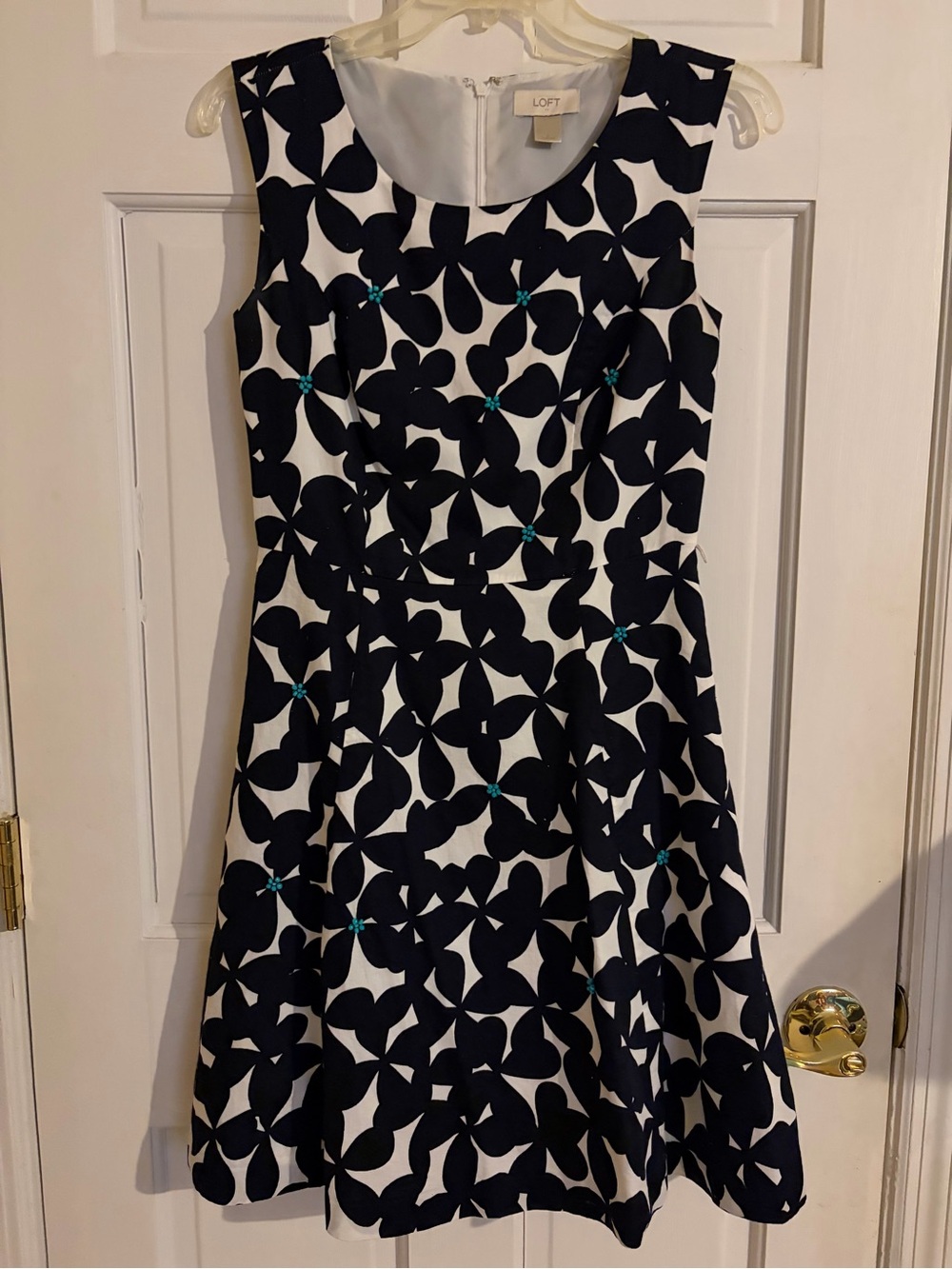 LOFT Navy and White Floral-Print Fit & Flare Dress with Teal Accents